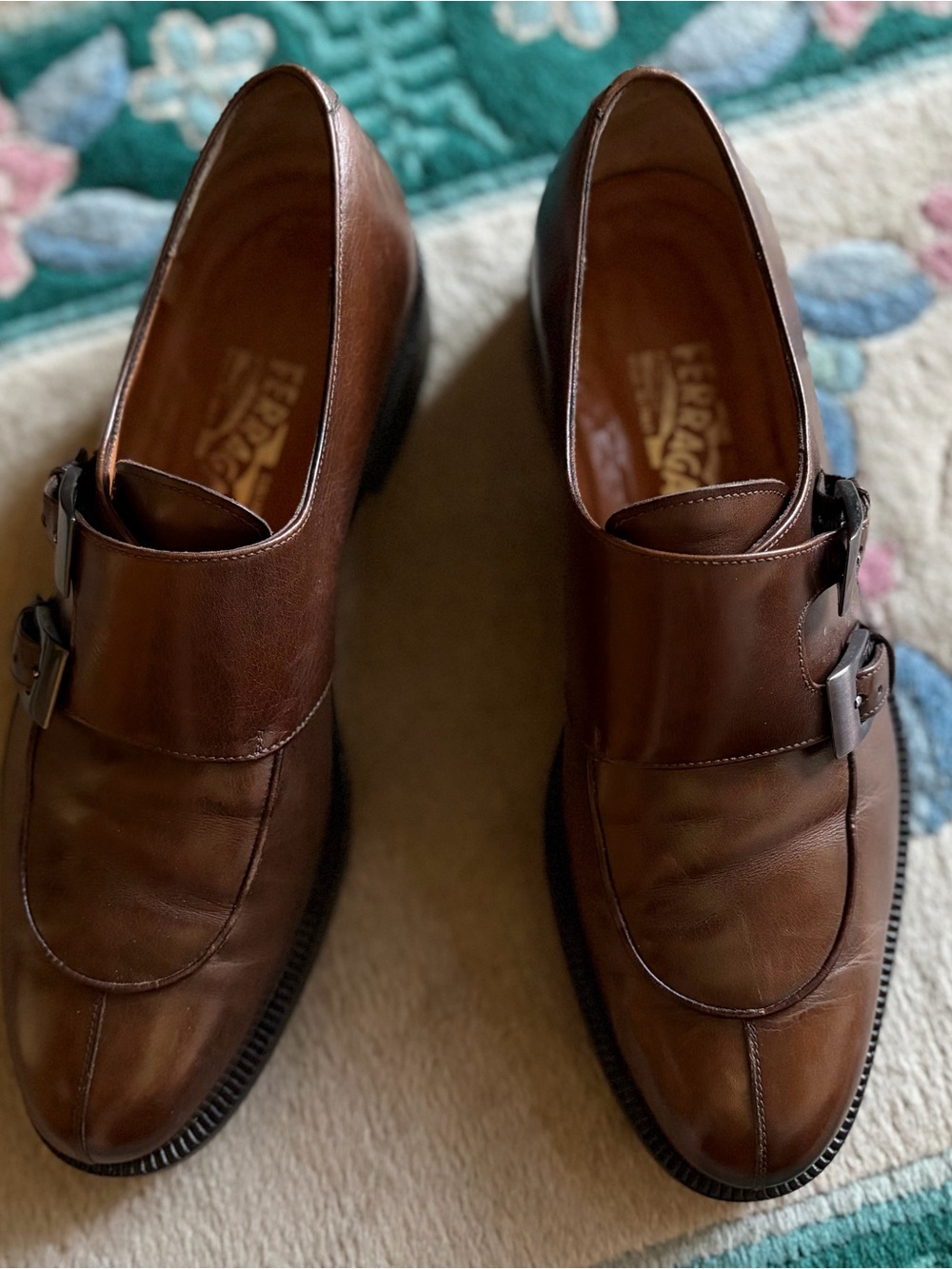 Salvatore Ferragamo men’s  Brown Double Monk Strap Leather Shoes size 8D